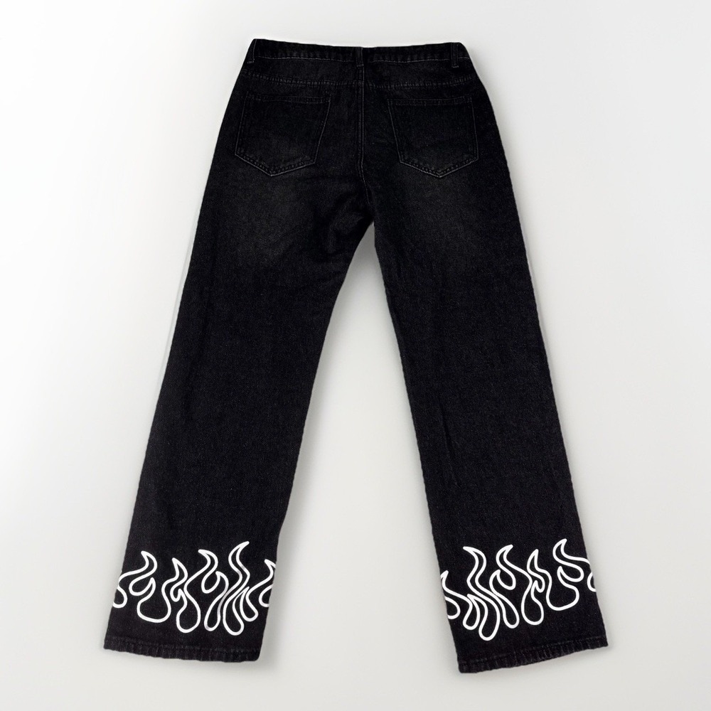 Flame Graphic Jeans Mens Small Black Straight Leg Streetwear Skate Y2K Festival - Picture 2 of 11